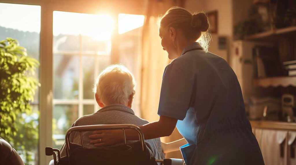 Two older adults gardening together outdoors near a residential building, smiling and talking.