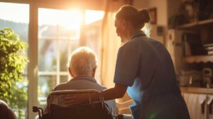 Two older adults gardening together outdoors near a residential building, smiling and talking.
