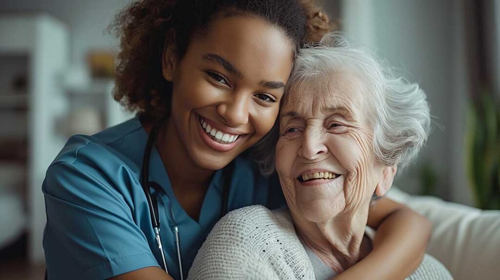 Resident arranging family photographs and a comfortable chair in a bright assisted living apartment.